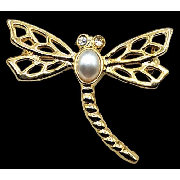 Vintage Dragonfly Brooch With Faux Pearl Clear Rhinestones Crystals Figural Pin - Picture 5 of 8
